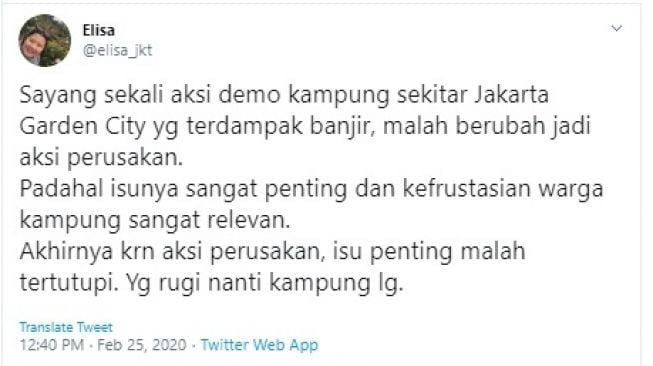 Direktur RCUS Elisa Sutanudjaja tanggapi perusakan mall AEON Jakarta Garden City oleh warga terdampak banjir (twitter/@elisa_jkt)