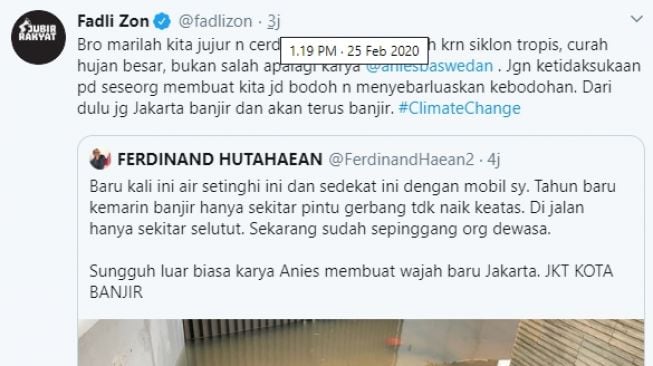 Fadli Zon membalas cuitan Ferdinand Hutahaean yang menyindir kinerja buruk Anies Baswedan dalam menangani banjir Jakarta. 