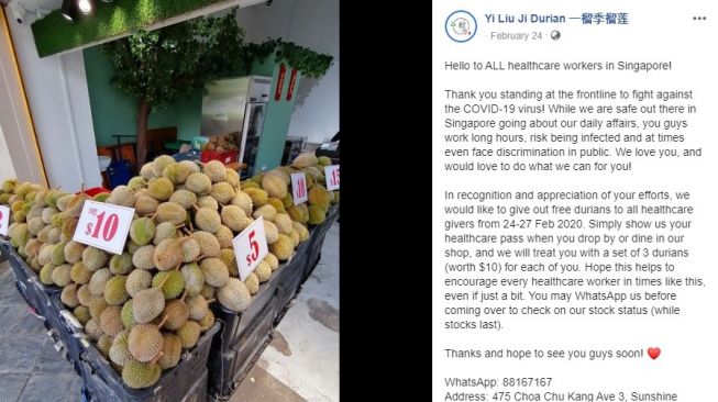 Durian gratis bagi tenaga kesehatan di Singapura. (Dok. Facebook/Tangkapan Layar)