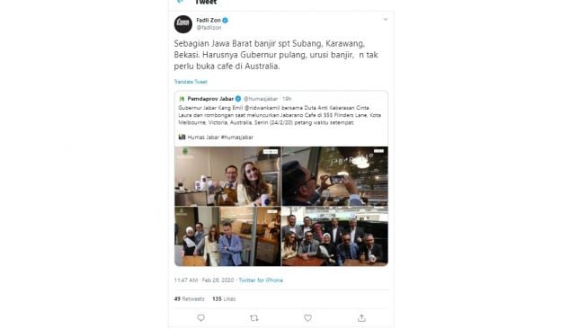 Fadli Zon sindir Ridwan Kamil yang buka cafe di Australia (twitter/@fadlizon)