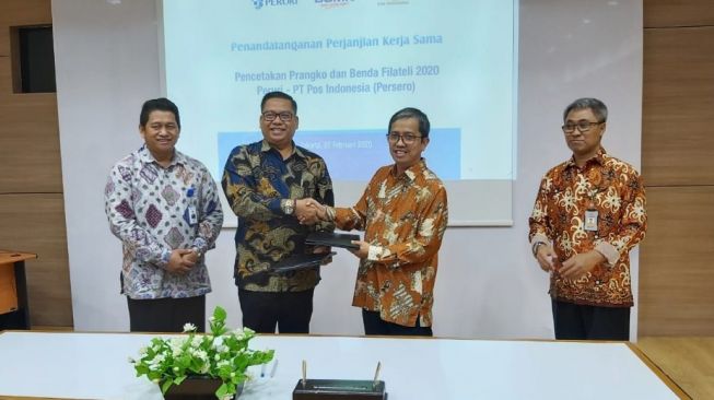 Peruri dan PT Pos Indonesia (Persero) kerja sama pencetakan prangko dan benda filateli, Jakarta, Kamis (27/2/2020). (Dok : Pos Indonesia)