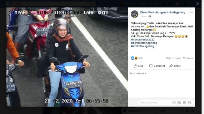 Dishub Kota Magelang unggah foto wanita pemotor - (Facebook/Dinas Perhubungan KotaMagelang)