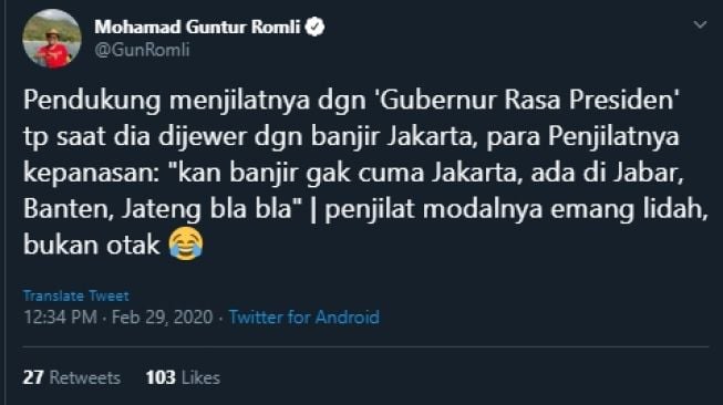 Cuitan Guntur Romli yang menyebut penjilat kepada pendukung Gubernur Jakarta (Twitter/@GunRomli).