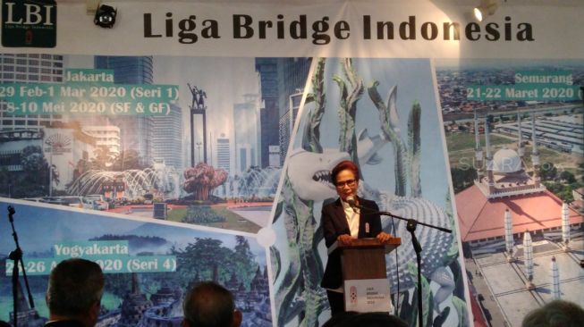 Ketua Umum PB Gabsi, Miranda Swaray Goeltom, menghadiri pembukaan Liga Bridge Indonesia 2020 di Museum Bank Indonesia, Jakarta, Sabtu (29/2/2020). [Suara.com/Arief Apriadi]