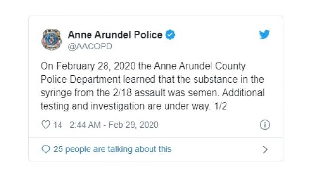 Pernyataan Kepolisian Daerah Anne Arundel, Amerika Serikat, pria tusuk wanita pakai jarum suntik berisi air mani (twitter/@AACOPD)