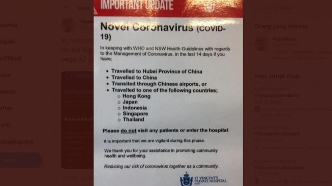 Imbauan St Vincents's Private Hospital Sydney soal negara terinfeksi virus corona (Twitter)