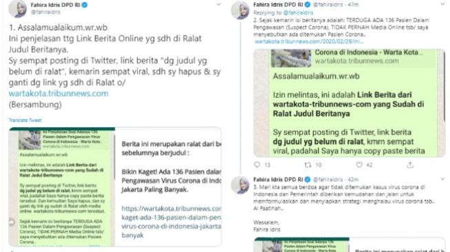 Klarifikasi Fahira Idris soal cuitan terduga pasien virus corona di Indonesia (twitter/fahiraidris)