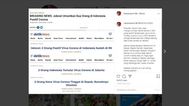 Imbauan Ridwan Kamil terkait dua warga Depok positif virus corona (instagram/@ridwankamil)