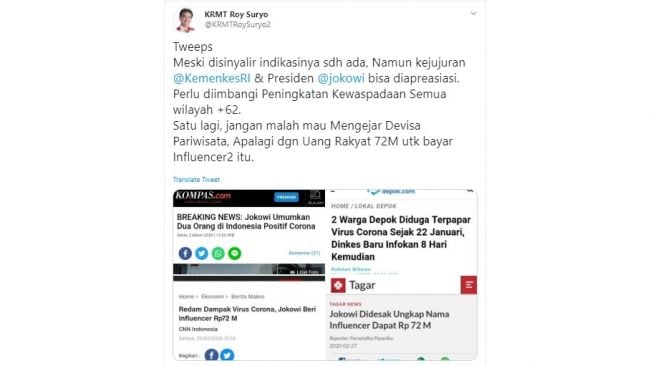 Cuitan Roy Suryo menanggapi WNI positif virus corona (twitter/@KRMTRoySuryo2)