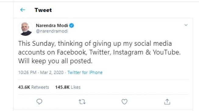 PM India Narendra Modi Bakal tutup akun media sosial (twitter/@narendramodi)