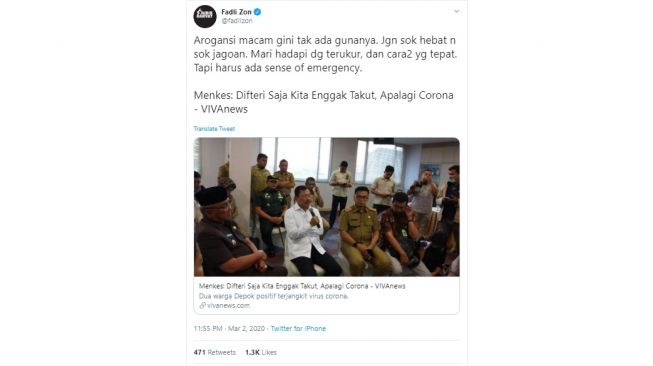Cuitan Fadli Zon untuk Menkes Terawan soal virus corona (twitter/@fadlizon)