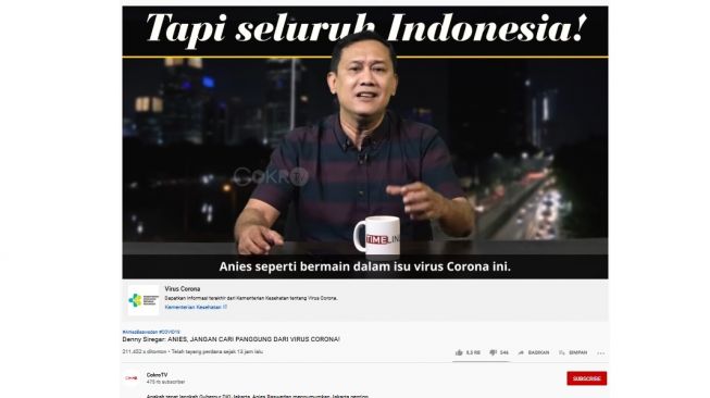 Denny Siregar minta Anies Baswean jangan cari panggung di isu virus corona (Screenshot YouTube CokroTV)