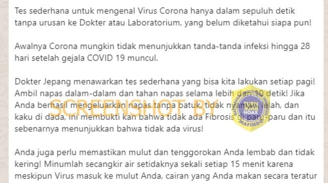 CEK FAKTA: Benarkah Ada Tes Sederhana Virus Corona Dalam 10 Detik?