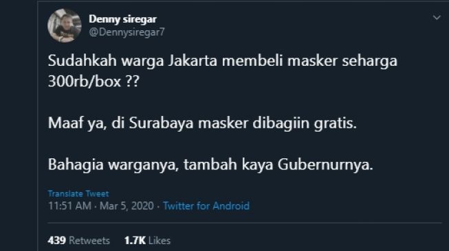 Denny Siregar bandingkan Jakarta dan Surabaya dalam menangani masalah masker (Twitter/@Dennysiregar7).