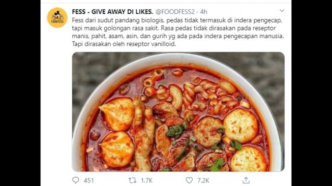 Cuitan tentang pedas adalah bentuk rasa sakit. (Twitter/@FOODFESS2)