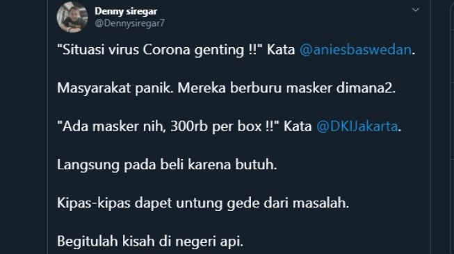 Kicauan Denny Siregar yang menyindir Pemprov DKI  jual masker mahal (Twitter/@Dennysiregar7)