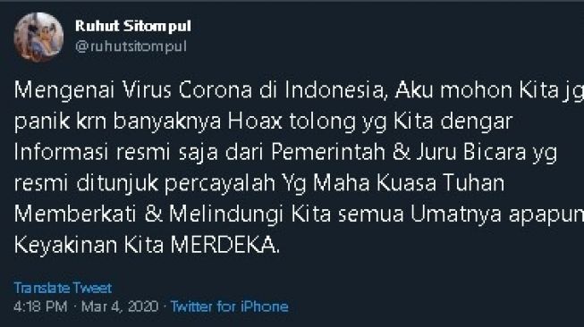 Cuitan Ruhut Sitompul soal virus corona di Indonesia. (Twitter/@ruhutsitompul)