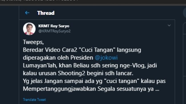 Tweet Roy Suryo yang menganalisis video tutorial Jokowi. (@KRMTRoySuryo2)