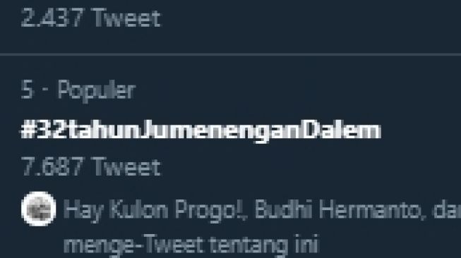 Peringatan kenaikan tahta Sri Sultan Hamengku Buwana X masuk trending Twitter, Sabtu (7/3/2020). [Twitter]