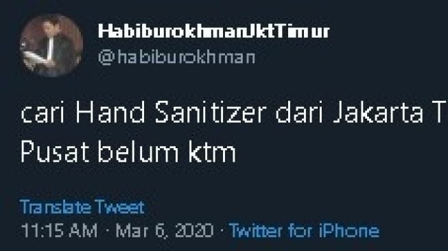 Cuitan Habiburokhman kesulitan cari hand sanitizer. (Twitter/@habiburokhman)