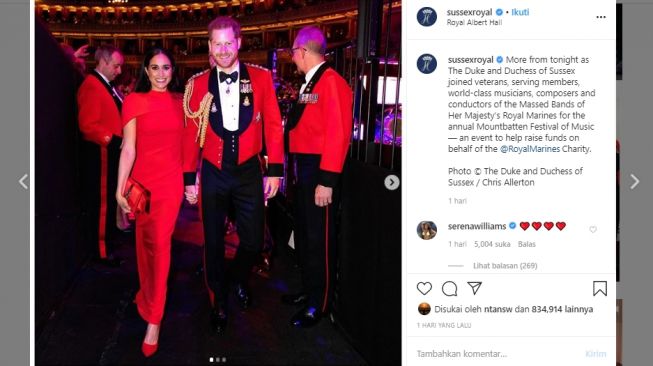 Pangeran Harry dan Meghan Markle berbusana serba merah. (Instagram/@sussexroyal)