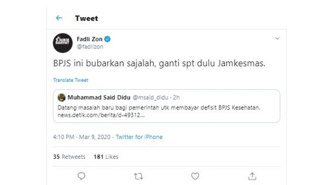 Fadli Zon usul BPJS Kesehatan ganti Jamkesmas (twitter/@fadlizon)