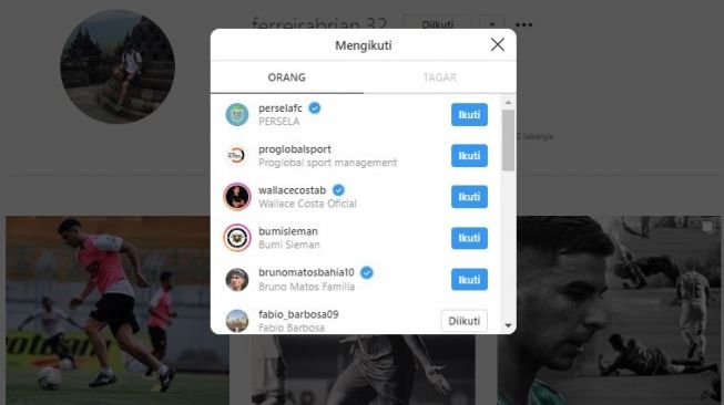 Brin Ferreira ikuti akun Instagram resmi Persela Lamongan. (Instagram/@ferreirabrian.32).