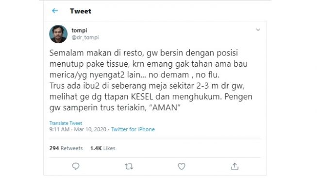 Cerita Tompi saat bersin dan ditatap dengan pandangan kesal (twitter/@dr_tompi)