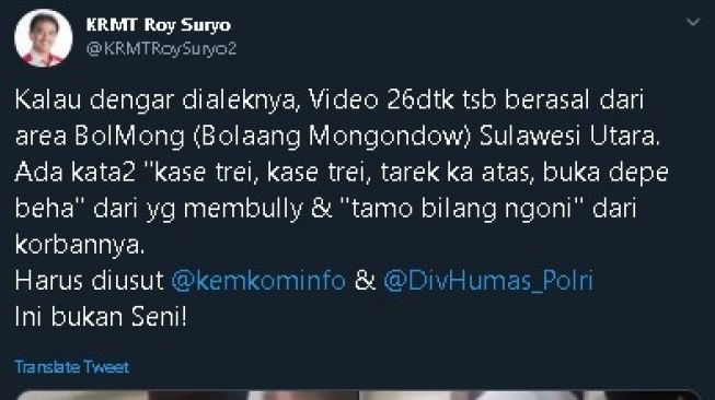 Cuitan Roy Suryo soal video anak SMA dilecehkan teman-temannya. (Twitter/@KRMTRoySuyo2)