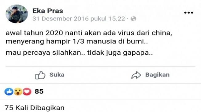 Heboh, Ada Akun Facebook Meramal Virus Corona Sejak Empat Tahun Lalu