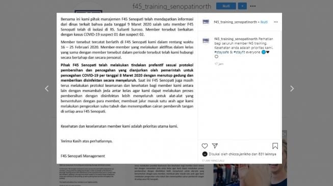 Pernyataan gym F45 Senopati terkait membernya yang diisolasi terkena virus corona (instagram/@f45_training_senopatinorth)