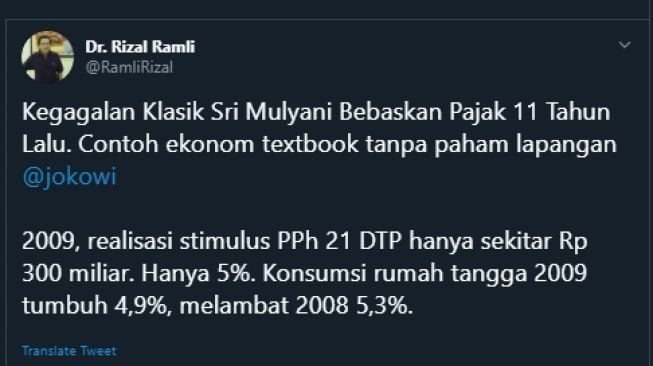 Rizal Ramli sebut Sri Mulyani tak paham kondisi lapangan. (Twitter/@RamliRizal)