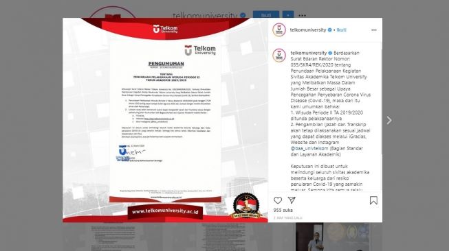 Wisuda Telkom University ditunda karena Virus Corona (instagram/@telkomuniversity)