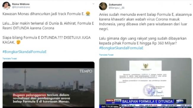 Cuitan warganet memakai tagar #BongkarSkandalFormulaE di Twitter (twitter/@Bangzul__88 dan @RizmaWidiono)