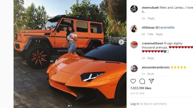 Dua jagoan Kylie Jenner, dengan cat body sesegar California Orange [Instagram: @kyliejenner].