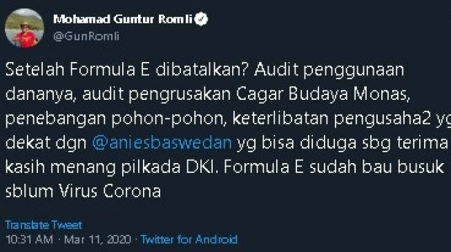 Guntur Romli sebut kinerja Anies makin terpuruk. (Twitter/@GunRomli)