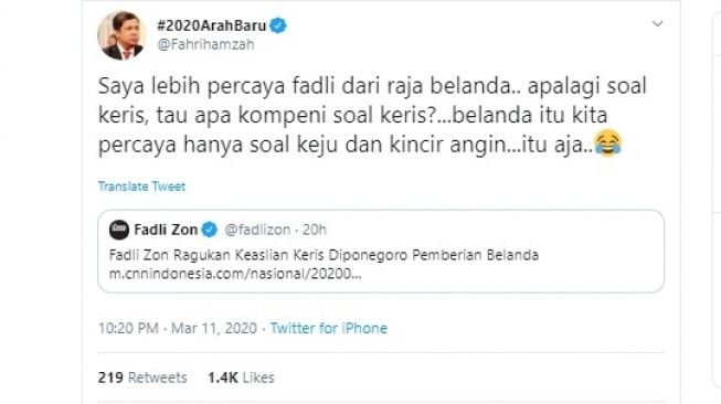 Fahri Hamzah lebih percaya Fadli Zon daripada Raja Belanda soal keris (twitter/@Fahrihamzah)