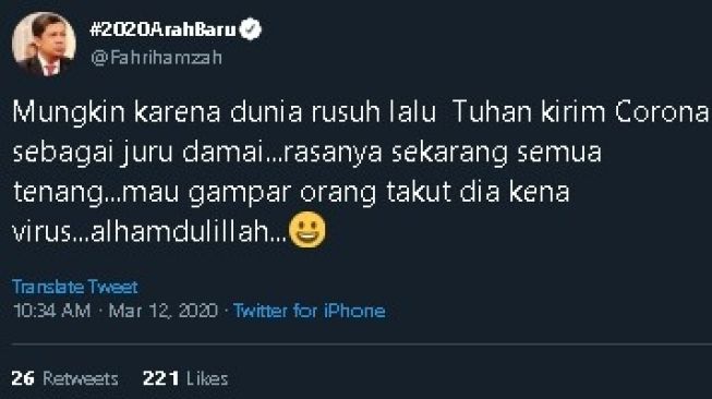 Cuitan Fahri Hamzah soal virus corona. (Twitter/@fahrihamzah)