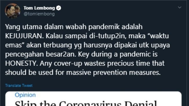 Status Tom Lembong soal kejujuran dalam menghadapi corona. (Twitter/@tomlembong)