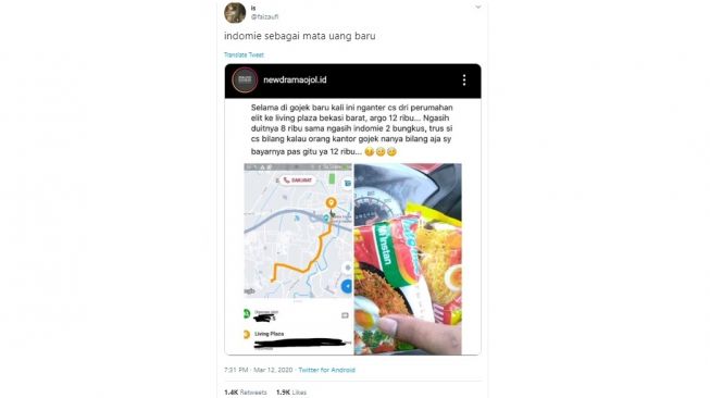 Curhat driver ojol customer bayar pakai Indomie. [Twitter]