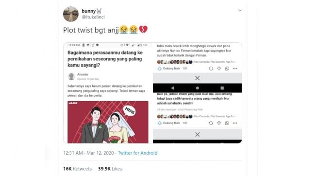 Cuitan warganet cerita teman yang menghadiri pernikahan mantannya. [Twitter]