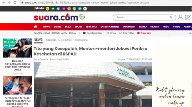 Menteri-menteri Jokowi periksa kesehatan di RSPAD (Screenshot Suara.com)