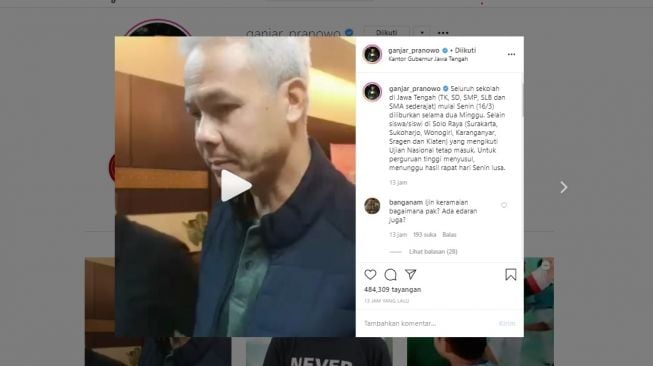 Ganjar Pranowo meliburkan seluruh sekolah di Jawa Tengah dampak virus corona (instagram/@ganjar_pranowo)