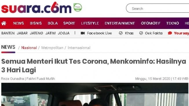 Artikel 'Semua Menteri Ikut Tes Corona, Menkominfo: Hasilnya 3 Hari Lagi'. (ist)