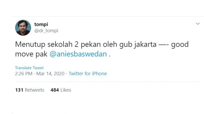 Postingan Tompi soal kebijakan Anies Baswedan. [Twitter]