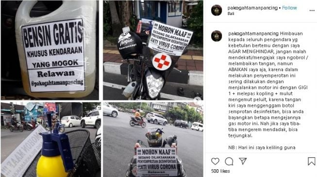 Warga di Bali sukarela semprot desinfektan. (Instagram/@pakogahtamanpancing)