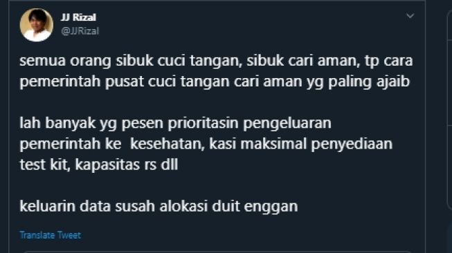 JJ Rizal sebut pemerintah pusat cuci tangan. (Twitter/@JJRizal)