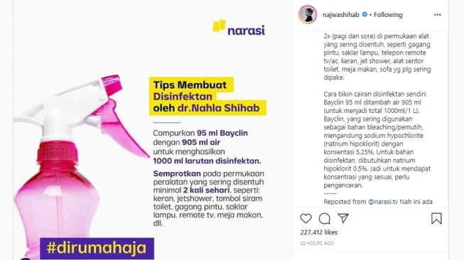 Cara Bikin Disinfektan Pencegah Corona Mudah Di Rumah Ala Adik Najwa Shihab