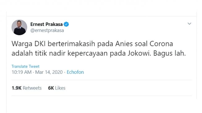 Postingan Ernest soal kebijakan Anies Baswedan. [Twitter]