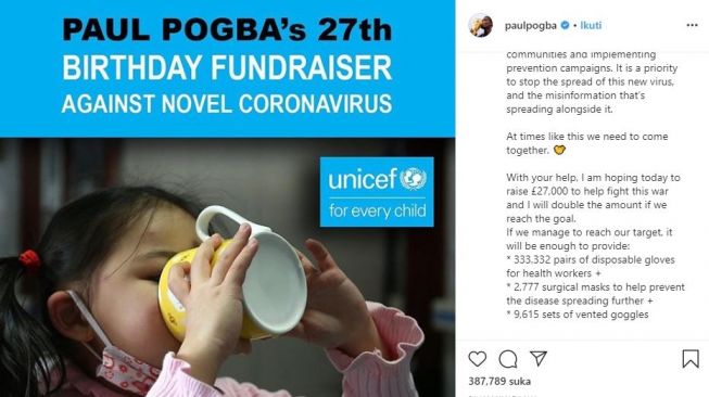 Paul Pogba berinisiatif menggalang dana untuk melawan virus corona. (Instagram/paulpogba)